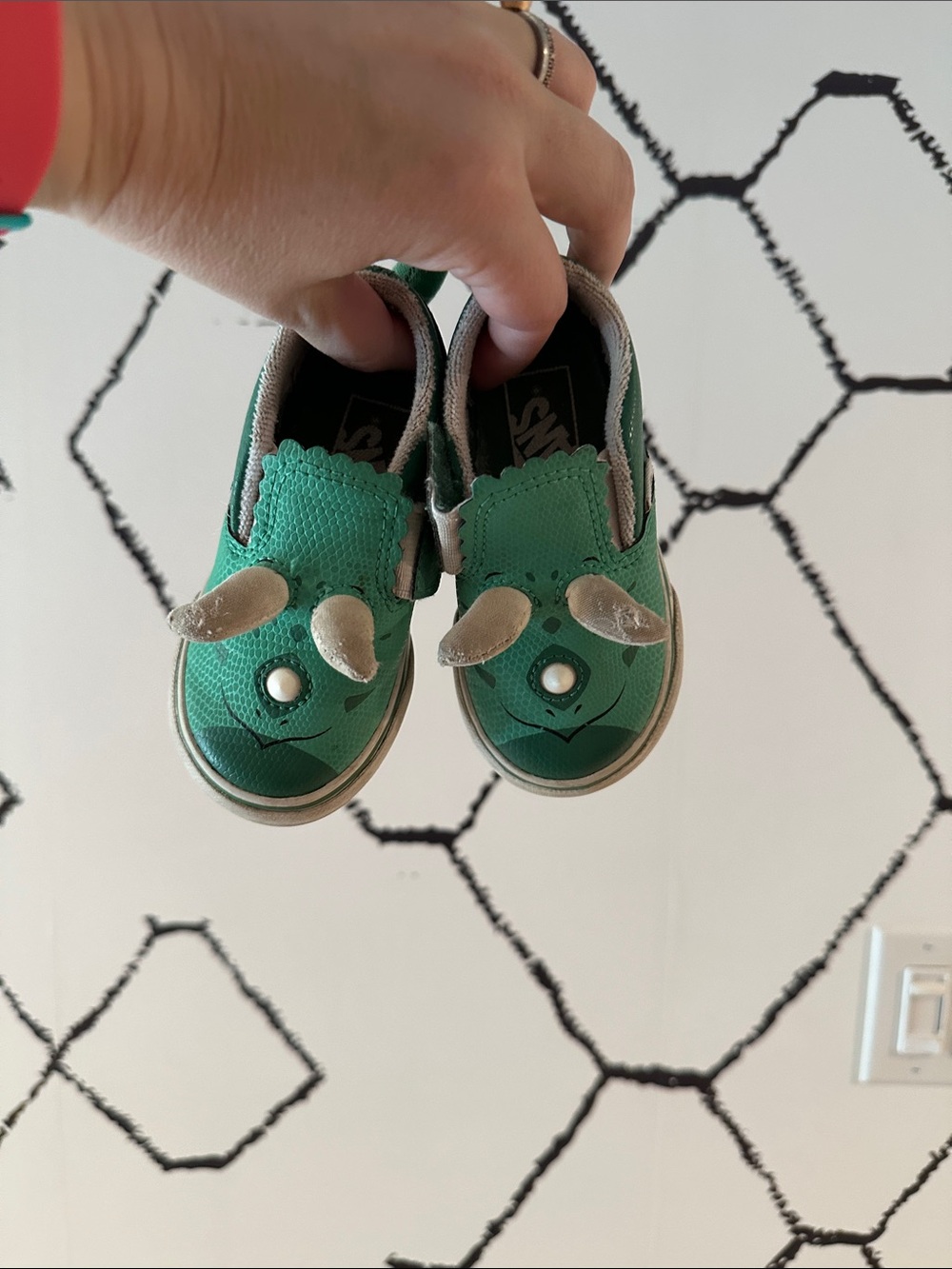 Vans Kids Green Dino Slip-On Sneakers with Beige Horns